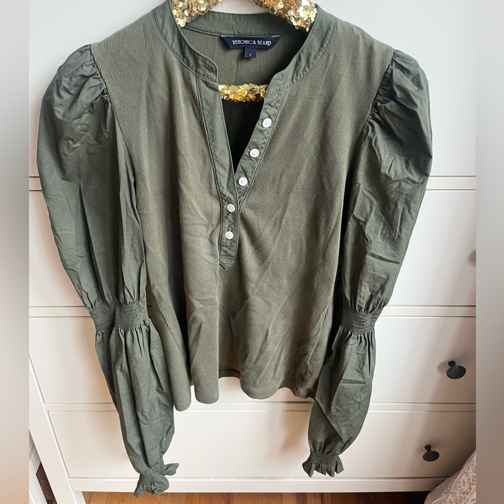 Veronica Beard Effy Woven Puff Sleeve Rib Top Olive Green - Picture 3 of 10
